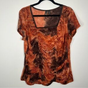 Y2K Sere Nade Velour Whimsy Floral Runched Square Neck Short Sleeve Top XL